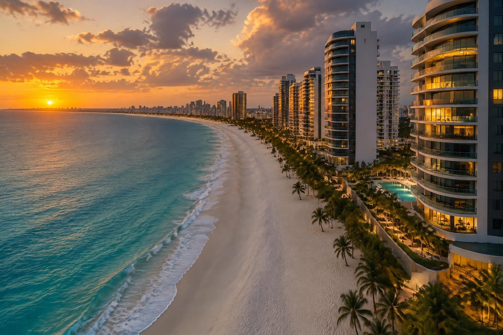 Vista aérea da orla de Barra dos Coqueiros com praia e arquitetura moderna ao entardecer